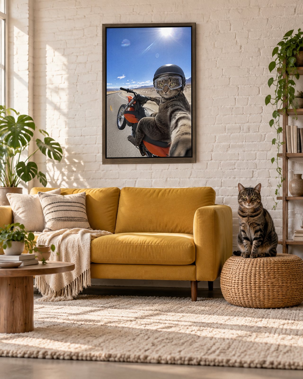 Dirt Bike Selfie portrait on canvas in a brown floating frame in a loft with a cream rug, with the cat beside it