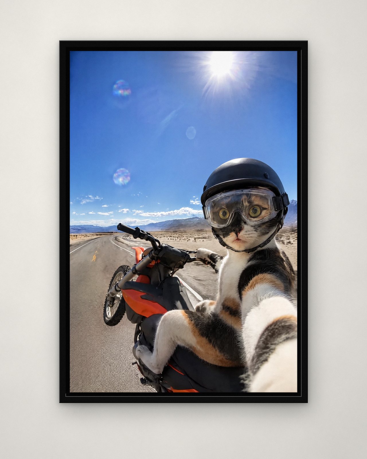 Dirt Bike Selfie portrait on canvas in a black floating frame on a plain wall