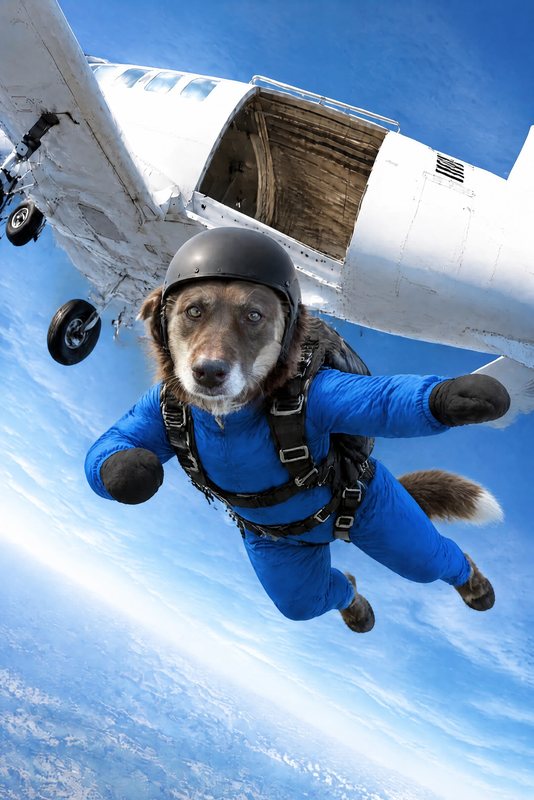 The Plane Jump look made with a chocolate shepherd-collie mix