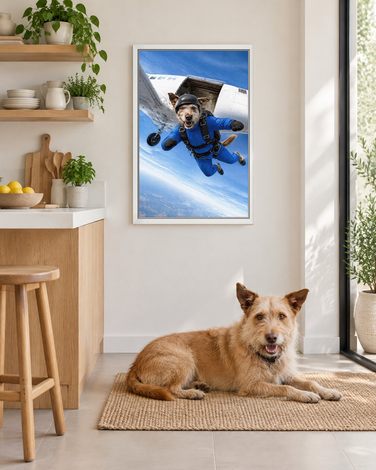 Plane Jump portrait on canvas in a white floating frame in a white kitchen with open shelves, with the dog beside it