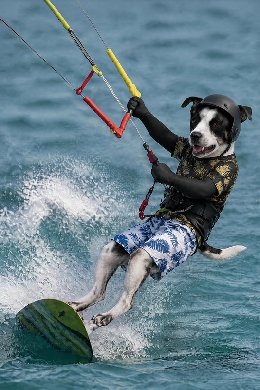 The Kitesurfer look made with a black-and-white dog