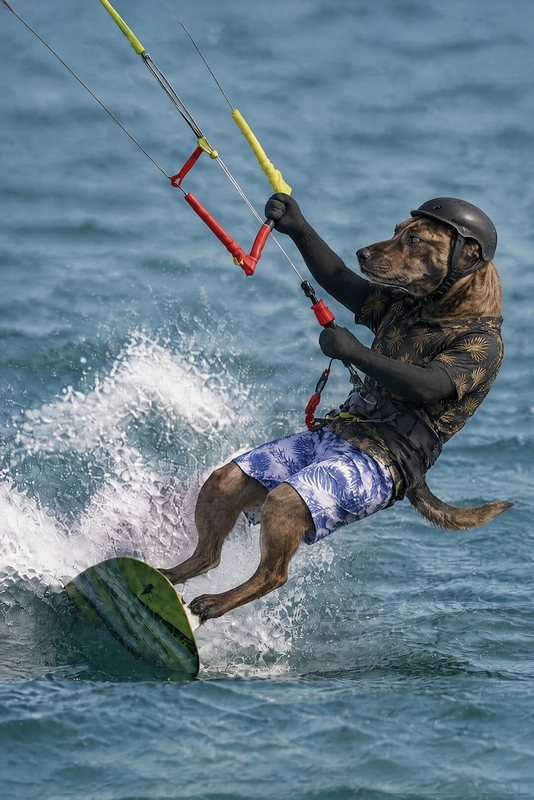 The Kitesurfer look made with a brindle mixed-breed dog