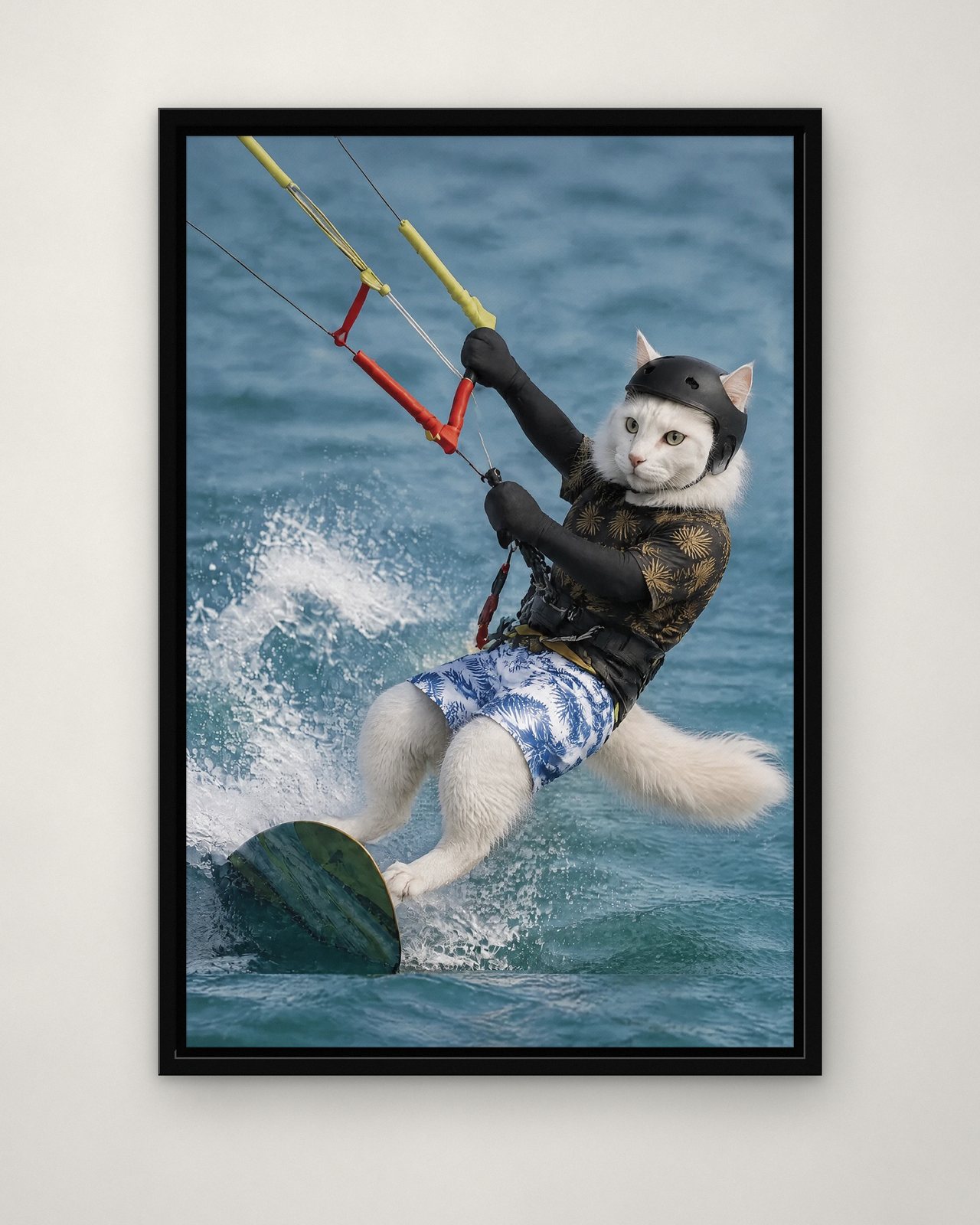 Kitesurfer portrait on canvas in a black floating frame on a plain wall