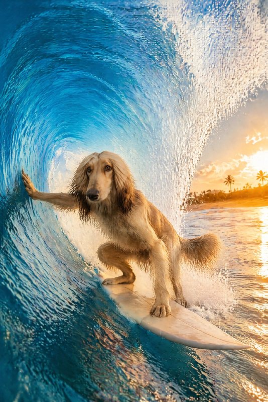 The Wave Rider look made with a cream Afghan hound