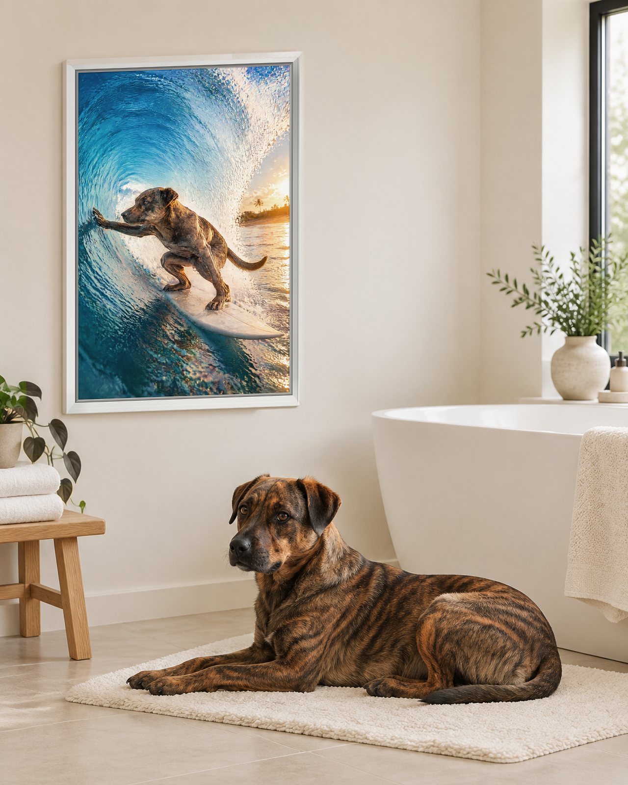 Wave Rider portrait on canvas in a white floating frame in a bright bathroom with a freestanding tub, with the dog beside it