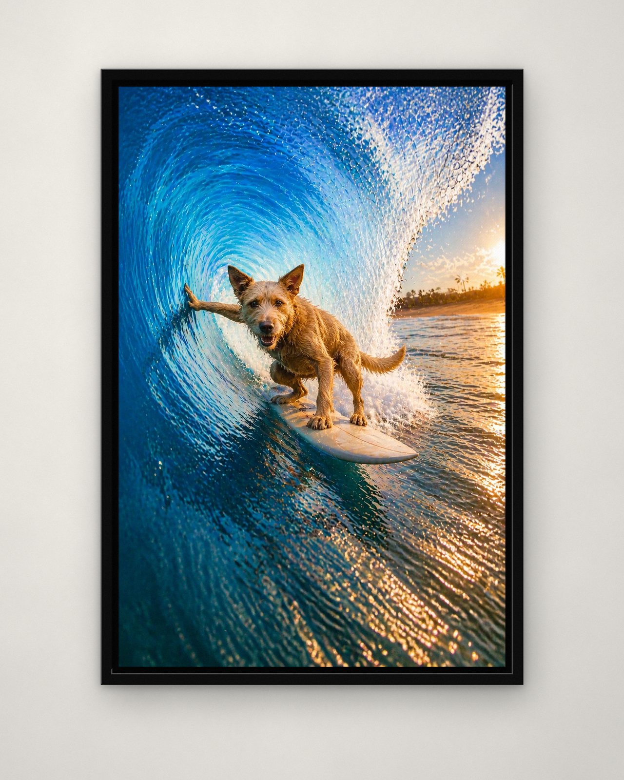 Wave Rider portrait on canvas in a black floating frame on a plain wall