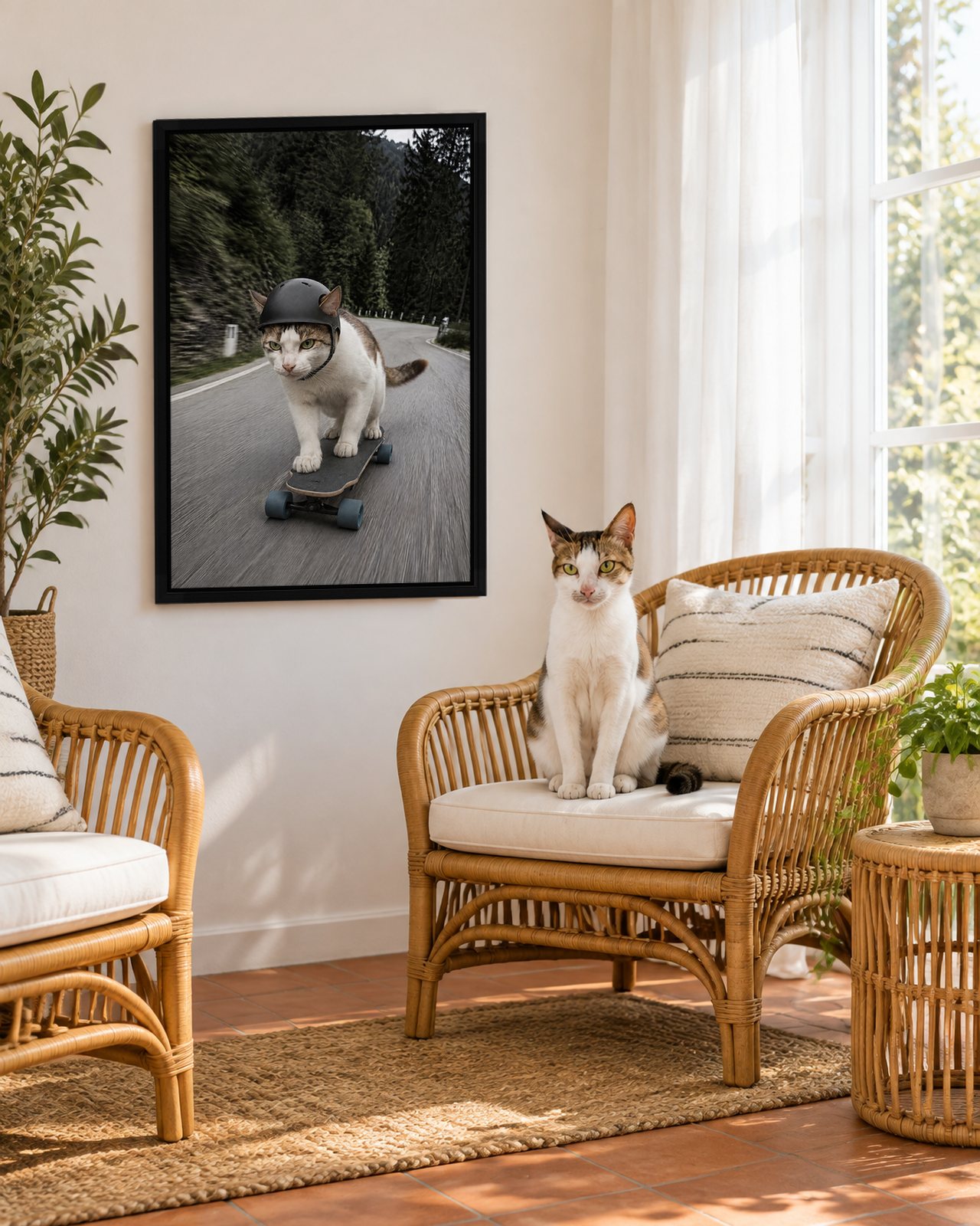 Longboard portrait on canvas in a black floating frame in a sunroom with rattan chairs, with the cat beside it