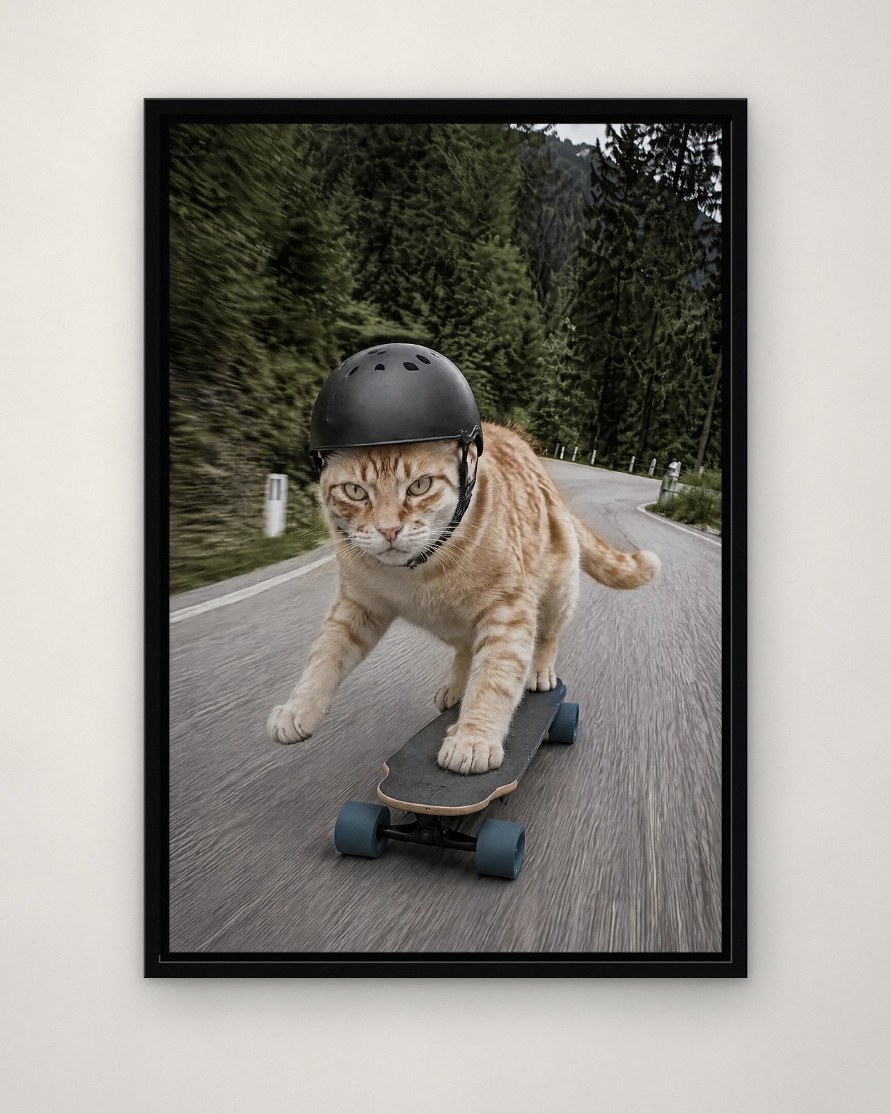 Longboard portrait on canvas in a black floating frame on a plain wall