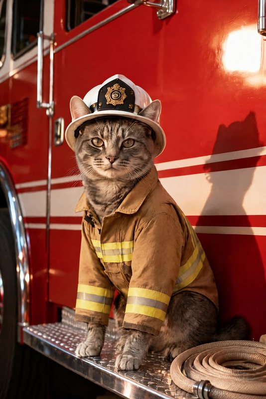 The Fire Chief look made with a grey tabby cat