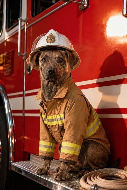 The Fire Chief look made with a brindle mixed-breed dog