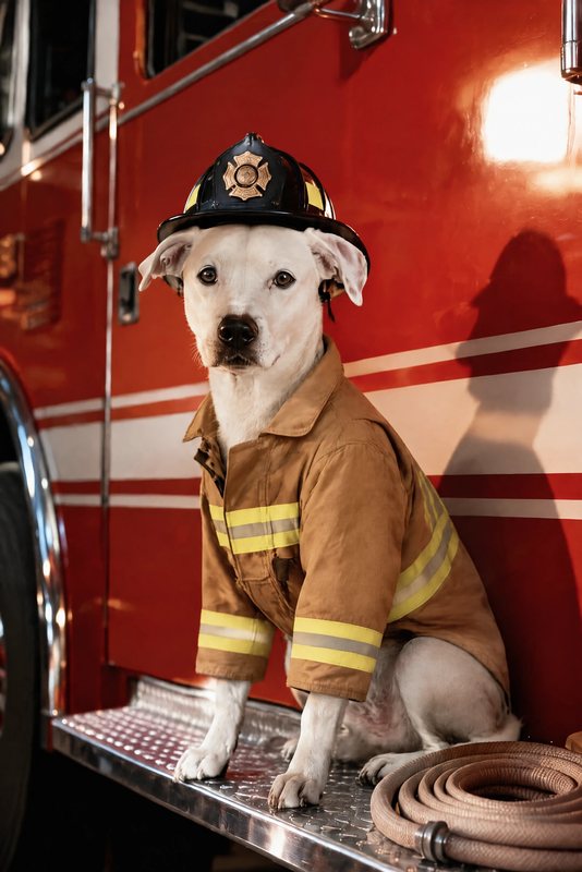 The Fire Chief look made with a white boxer mix
