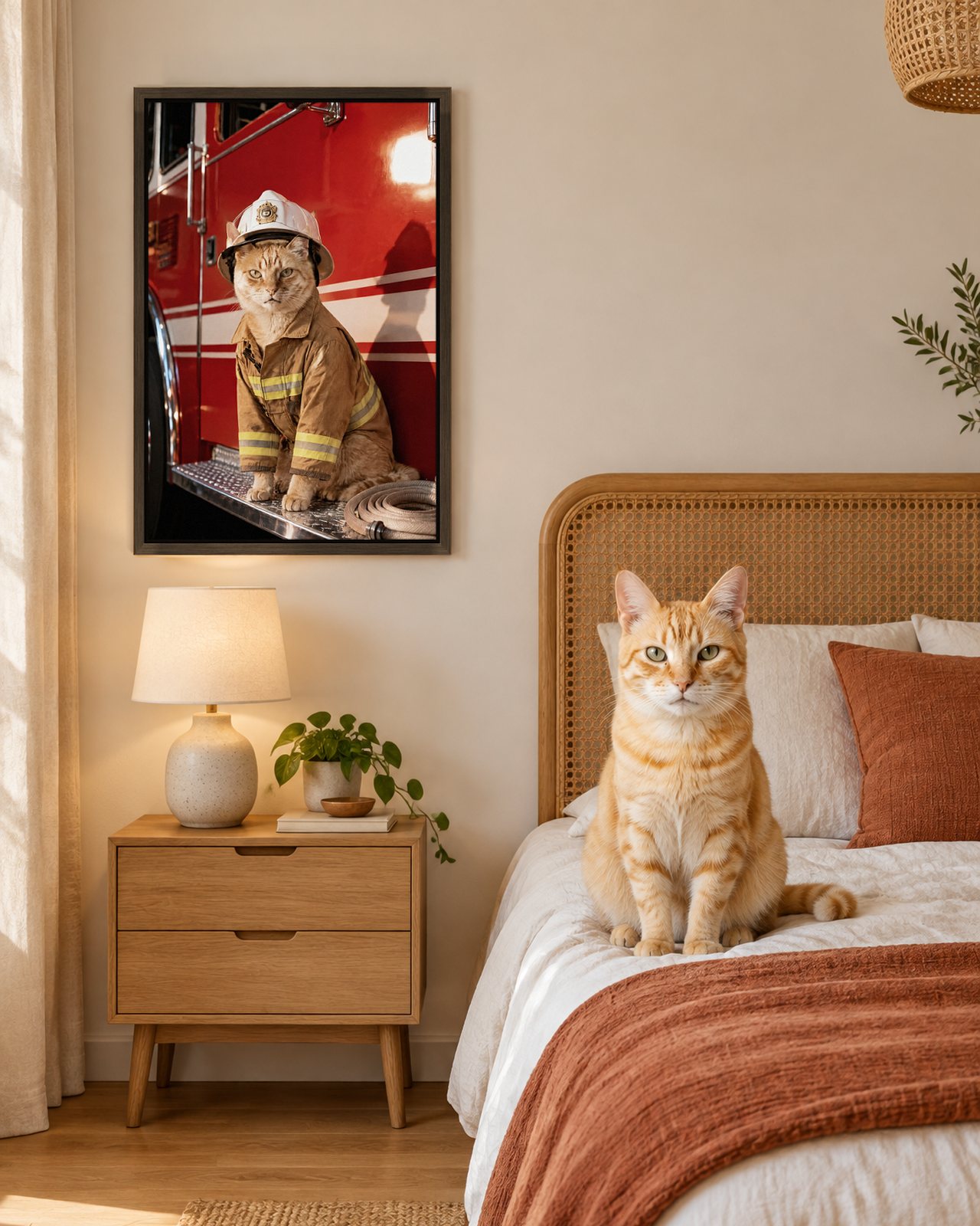 Fire Chief portrait on canvas in a brown floating frame in a cream bedroom with a rattan headboard, with the cat beside it