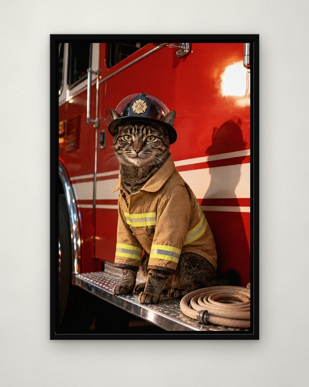 Fire Chief portrait on canvas in a black floating frame on a plain wall