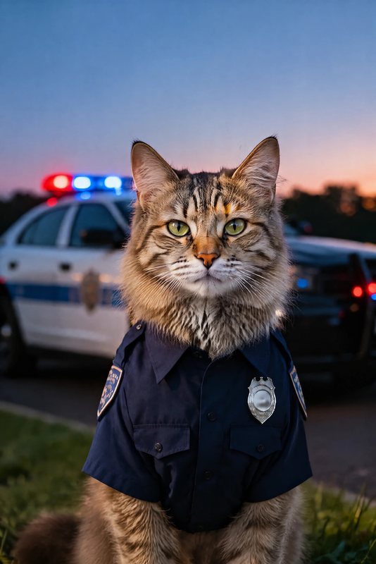 The K9 Unit look made with a long-haired tabby cat