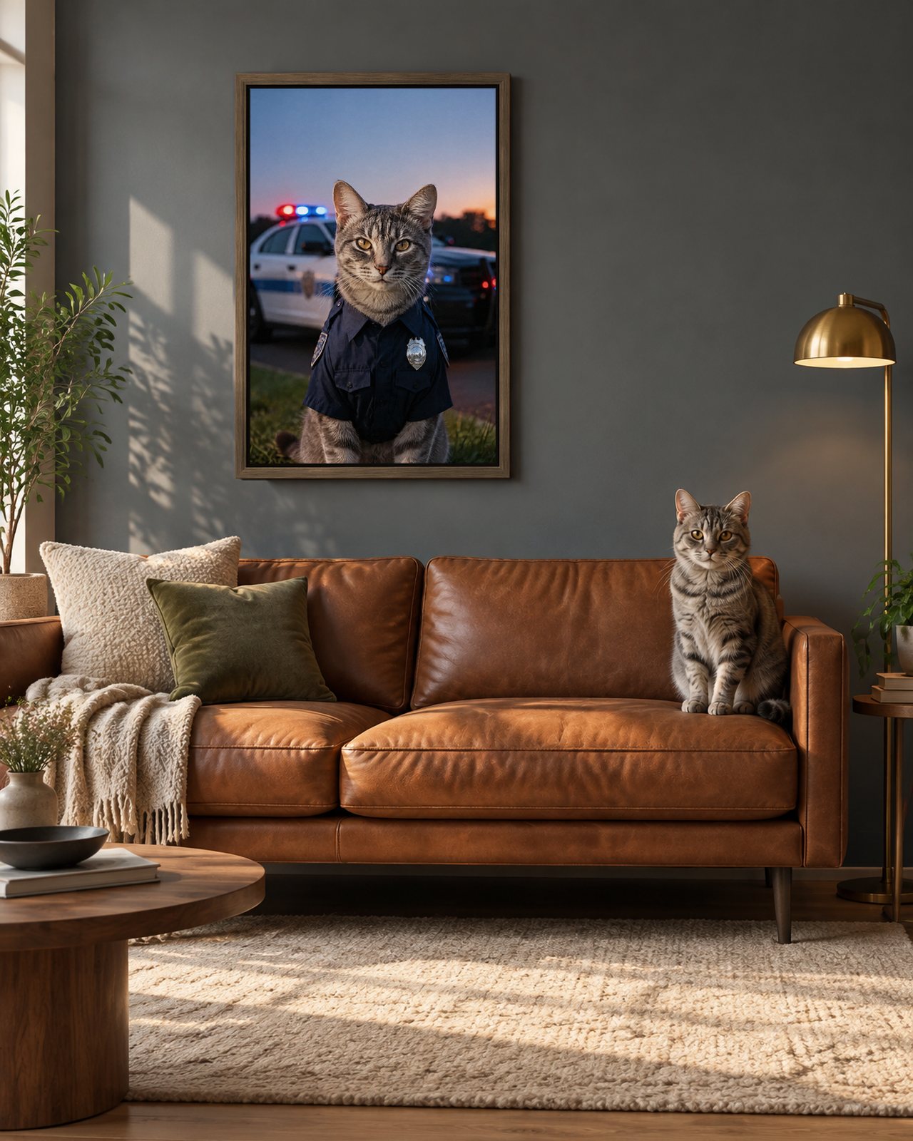 K9 Unit portrait on canvas in a brown floating frame in a slate-grey living room, with the cat beside it