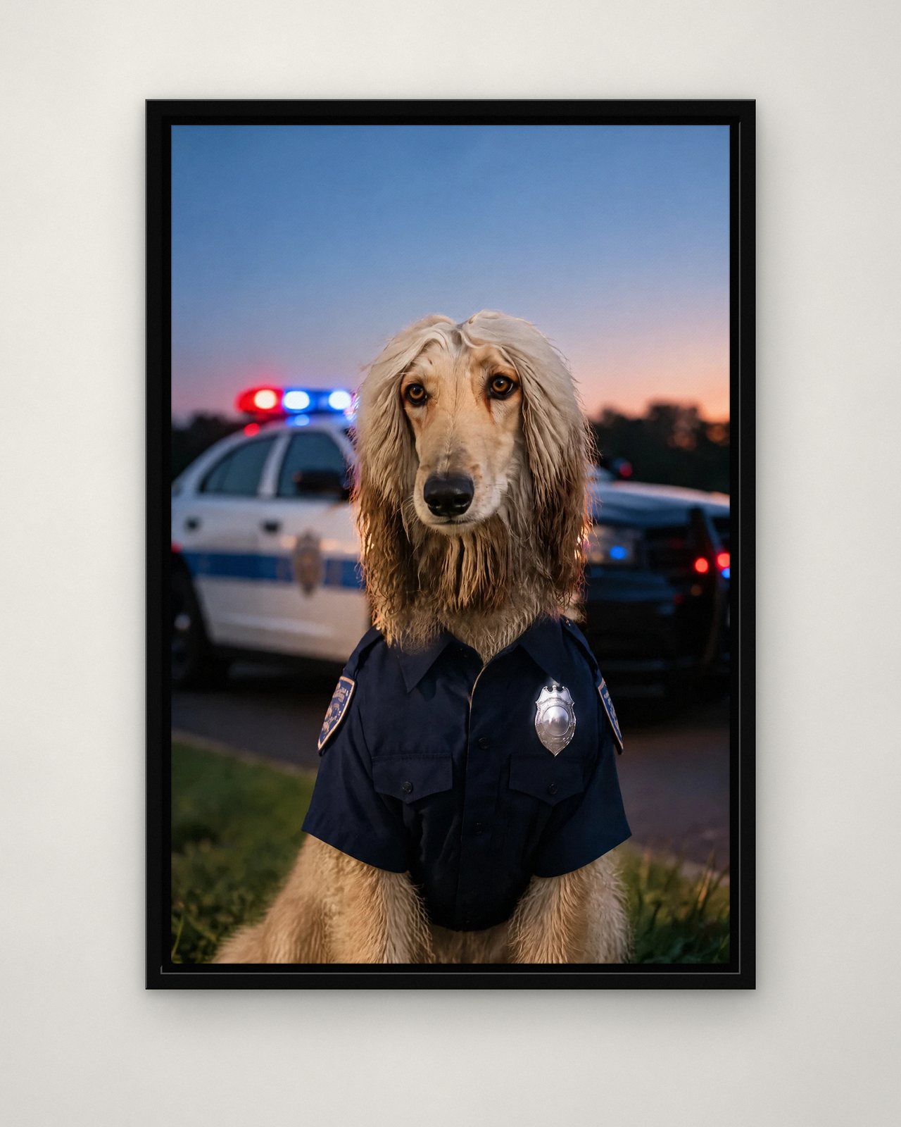 K9 Unit portrait on canvas in a black floating frame on a plain wall