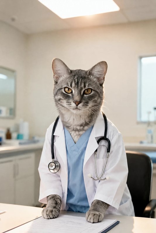 The Doctor's Orders look made with a grey tabby cat