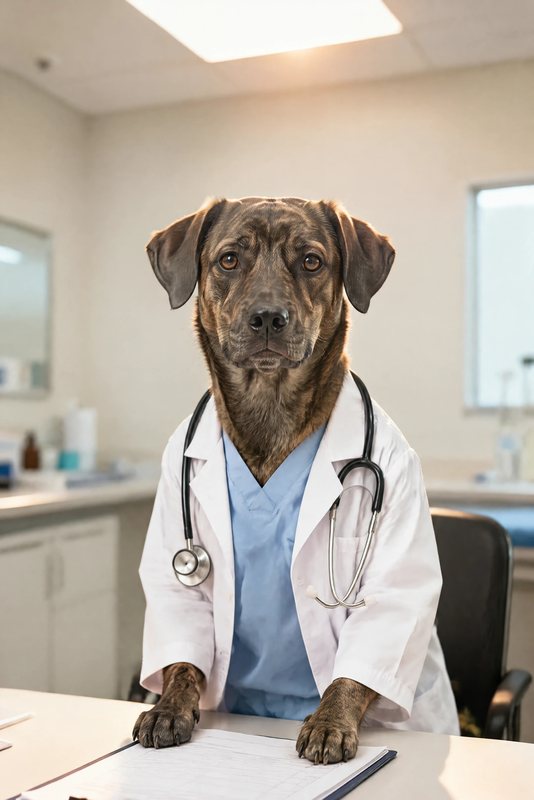 The Doctor's Orders look made with a brindle mixed-breed dog