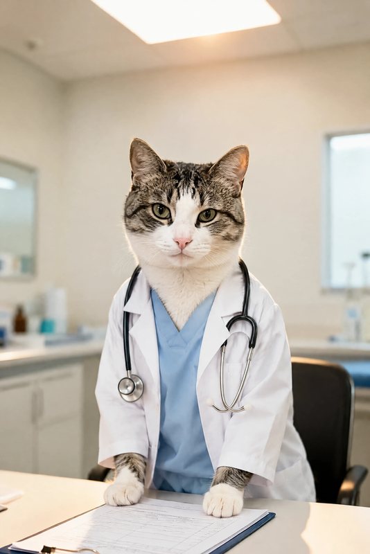 The Doctor's Orders look made with a tabby-and-white cat