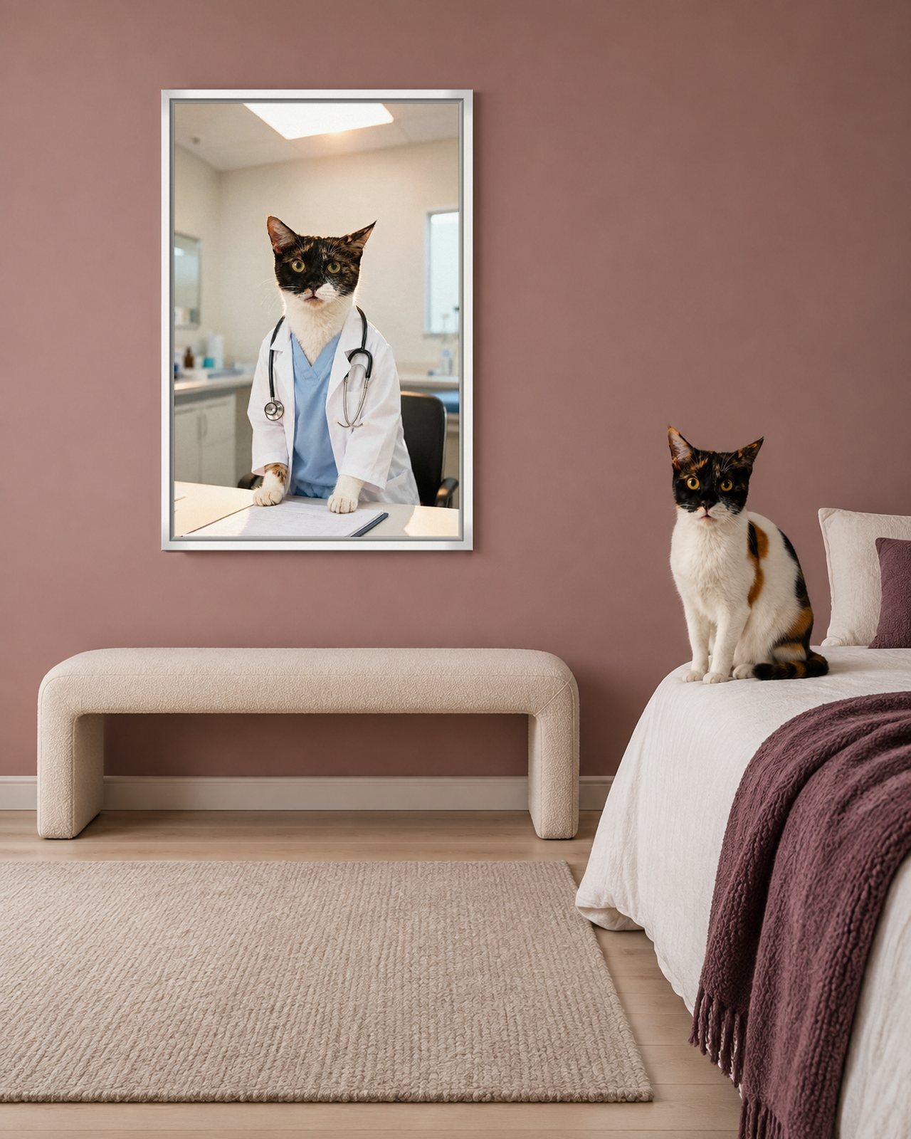 Doctor's Orders portrait on canvas in a white floating frame in a mauve bedroom with a low bench, with the cat beside it