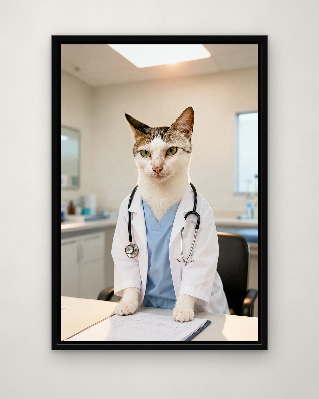 Doctor's Orders portrait on canvas in a black floating frame on a plain wall
