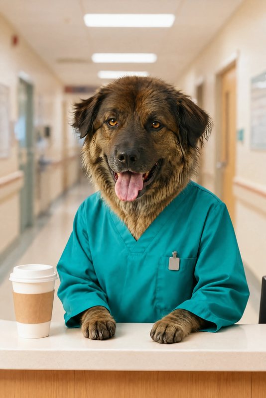 The Night-Shift Nurse look made with a big fluffy sable dog