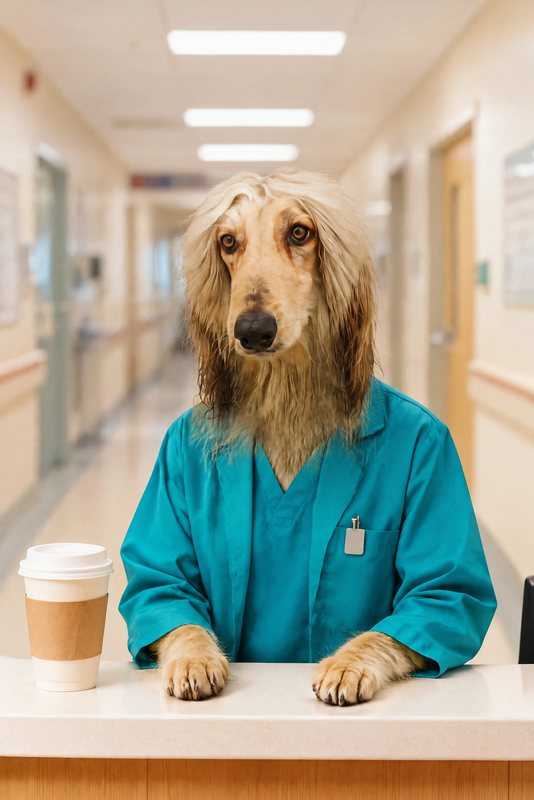 The Night-Shift Nurse look made with a cream Afghan hound