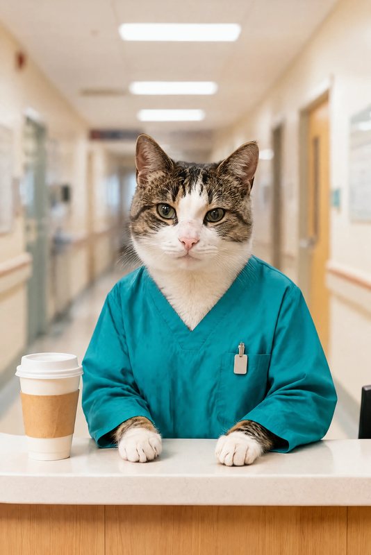 The Night-Shift Nurse look made with a tabby-and-white cat