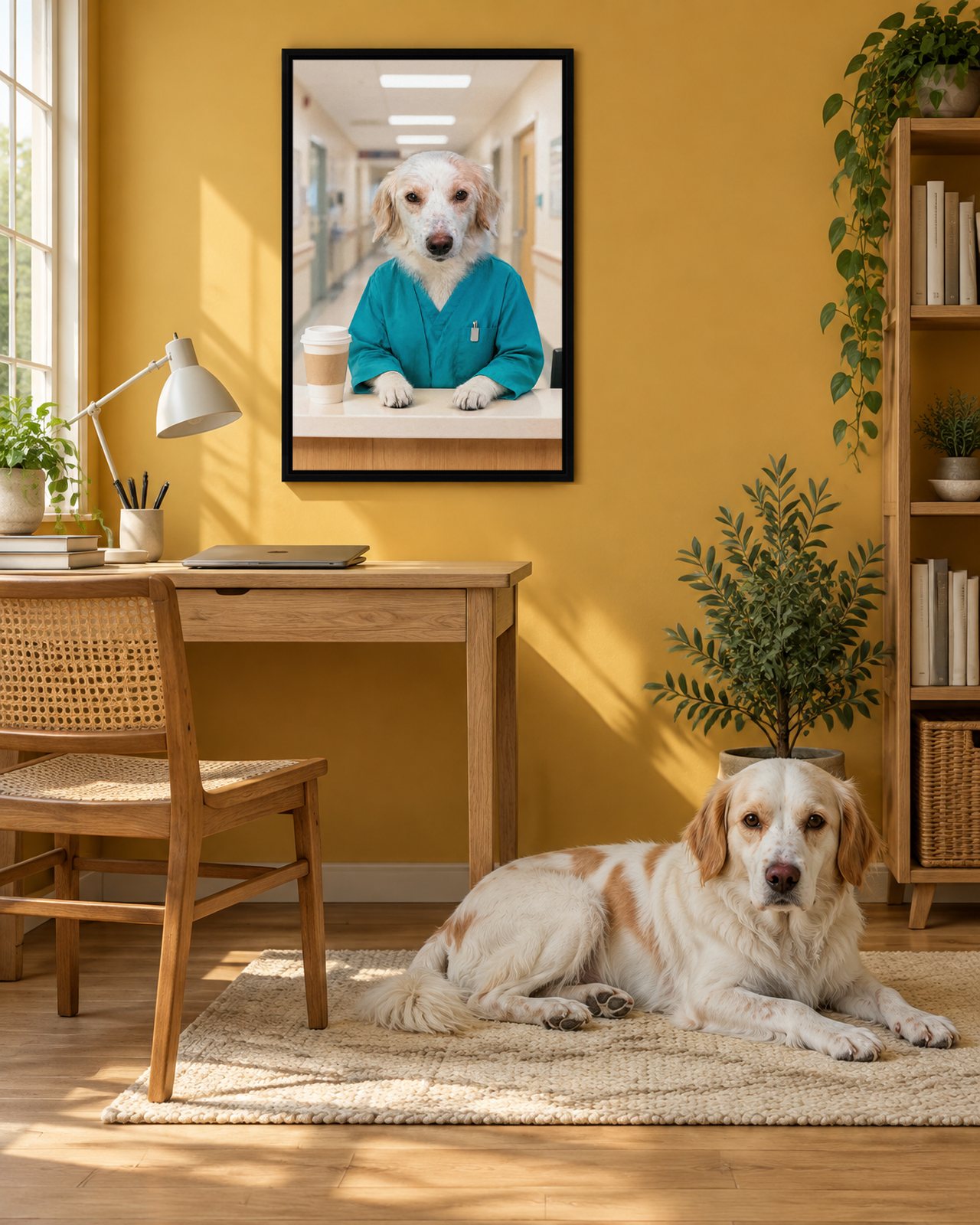 Night-Shift Nurse portrait on canvas in a black floating frame in an ochre home office, with the dog beside it