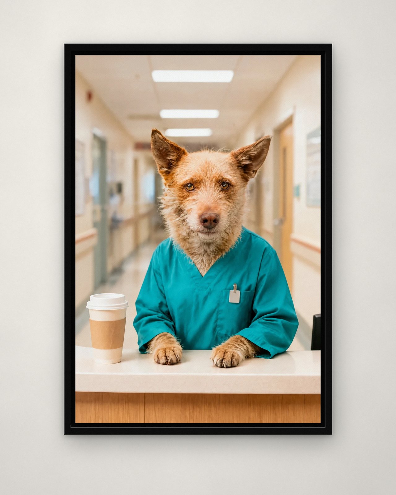 Night-Shift Nurse portrait on canvas in a black floating frame on a plain wall