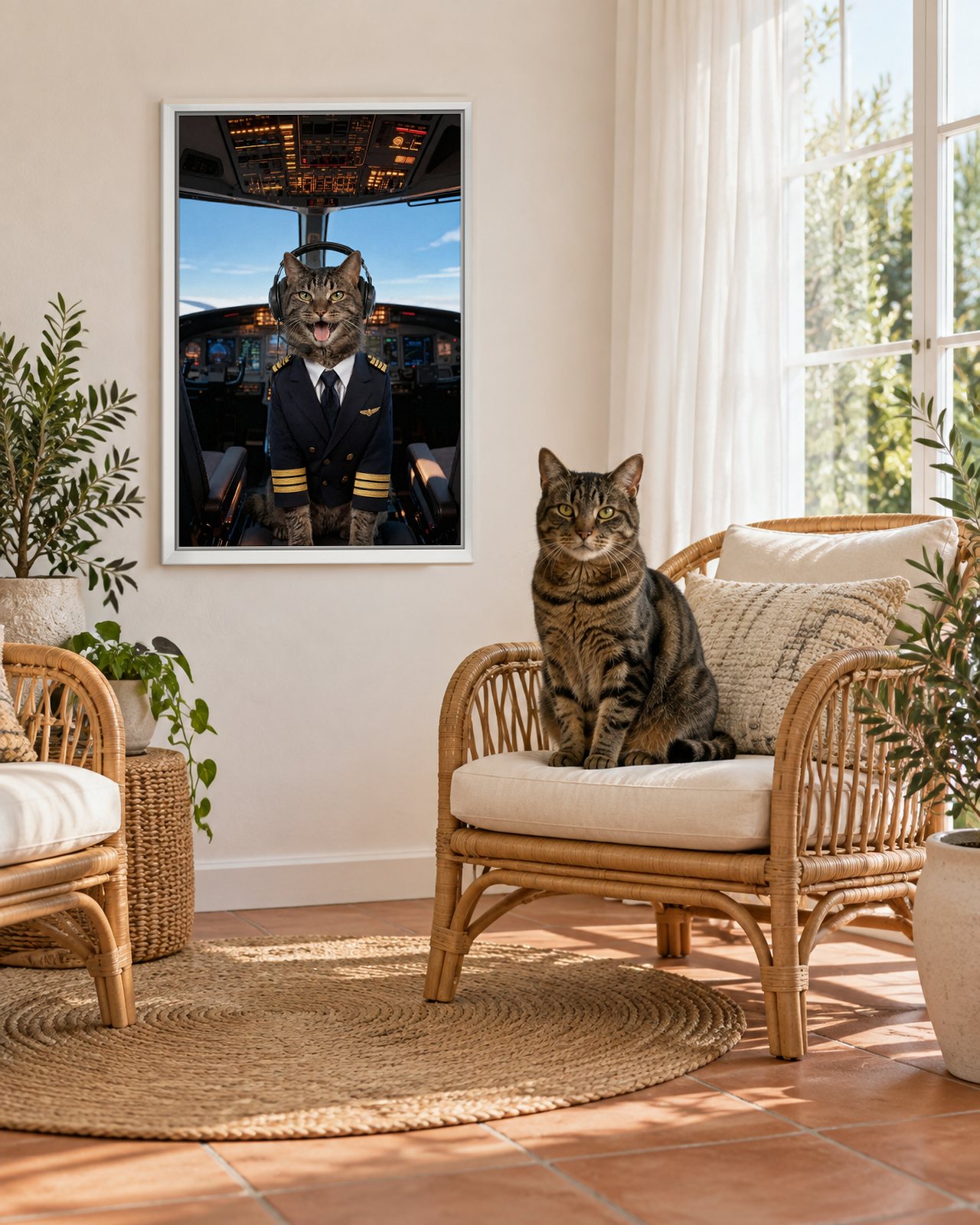 Captain Speaking portrait on canvas in a white floating frame in a sunroom with rattan chairs, with the cat beside it