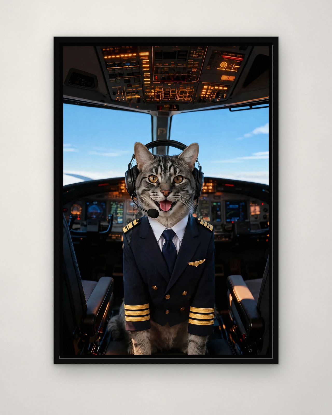 Captain Speaking portrait on canvas in a black floating frame on a plain wall