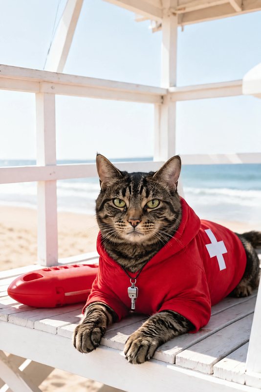 The Lifeguard on Duty look made with a brown tabby cat