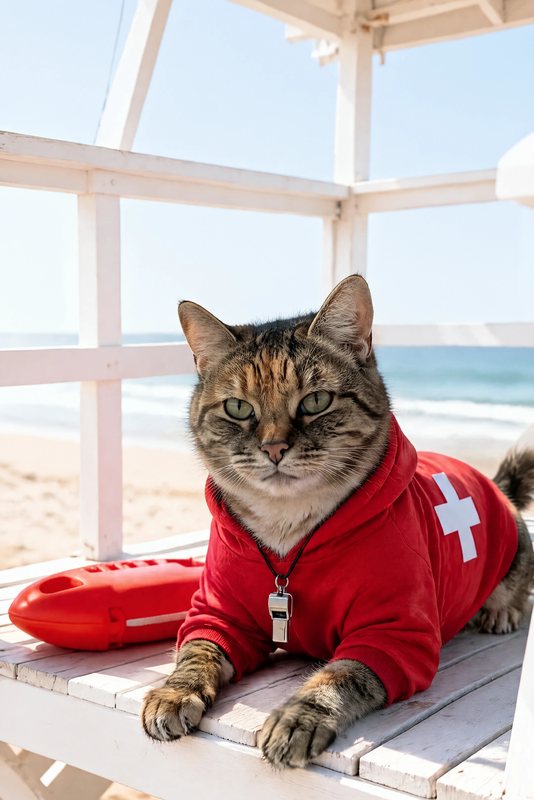 The Lifeguard on Duty look made with a tortoiseshell tabby cat