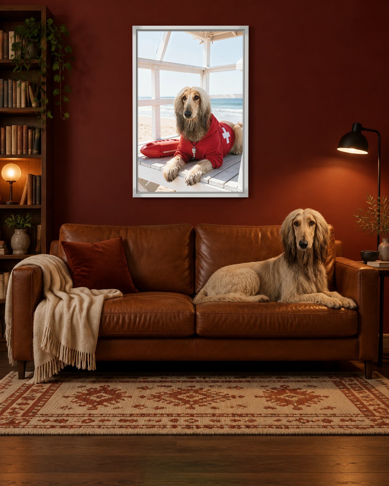 Lifeguard on Duty portrait on canvas in a white floating frame in an oxblood reading room, with the dog beside it