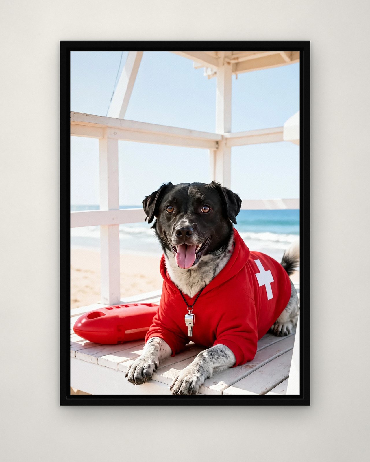 Lifeguard on Duty portrait on canvas in a black floating frame on a plain wall