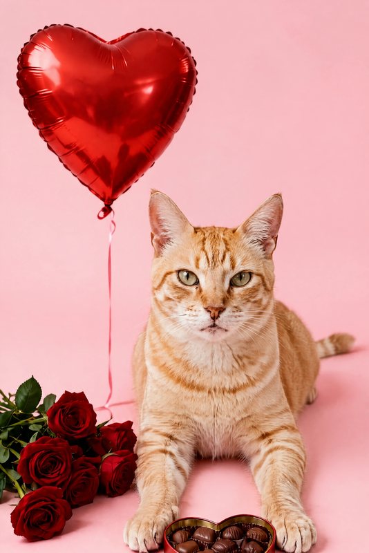 The Be Mine look made with a ginger tabby cat