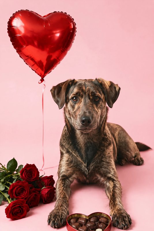 The Be Mine look made with a brindle mixed-breed dog