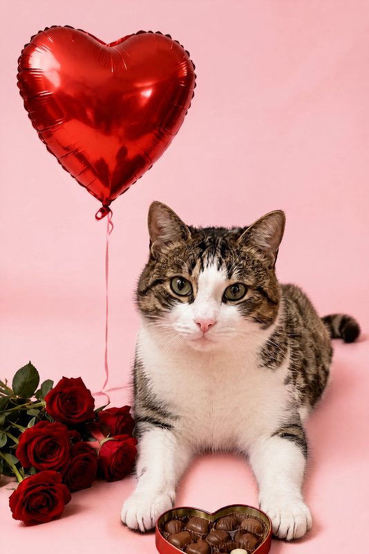The Be Mine look made with a tabby-and-white cat