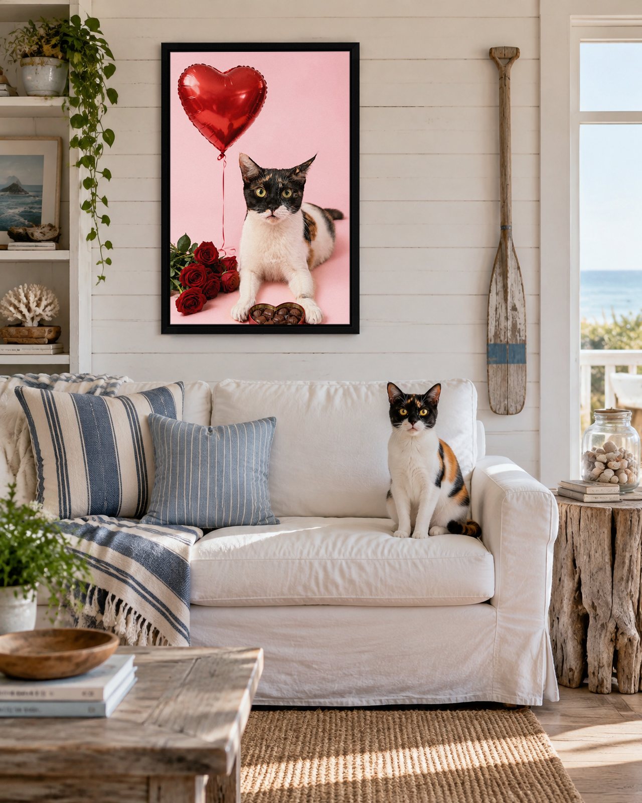 Be Mine portrait on canvas in a black floating frame in a whitewashed beach-house living room, with the cat beside it