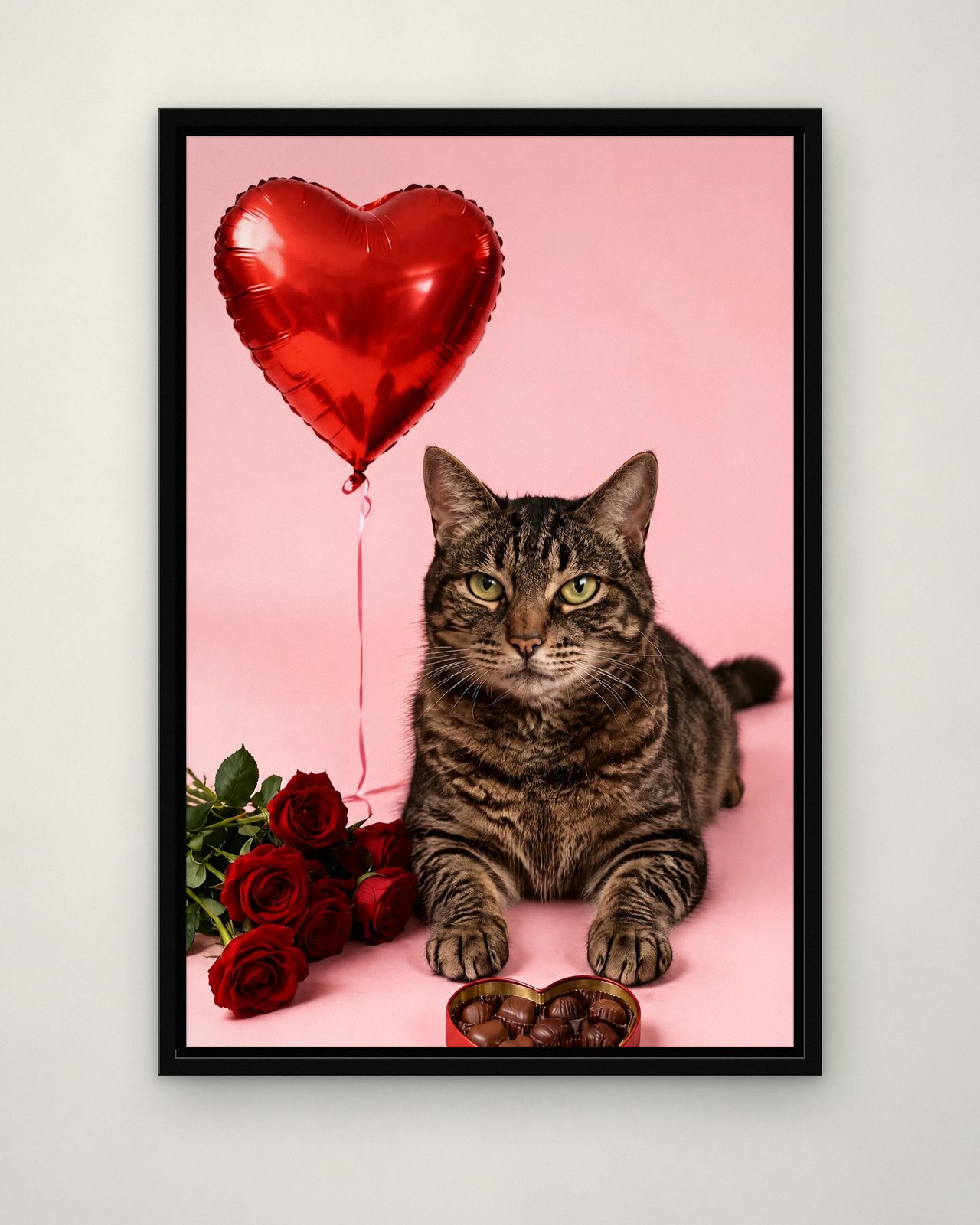 Be Mine portrait on canvas in a black floating frame on a plain wall