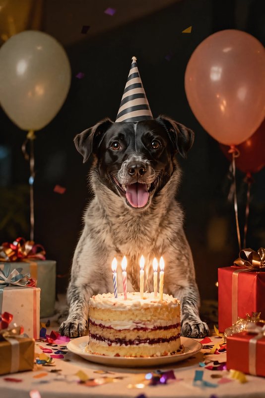 The Birthday Star look made with a black-and-white speckled dog