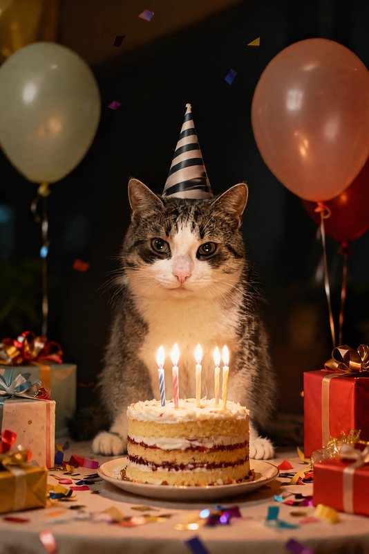 The Birthday Star look made with a tabby-and-white cat