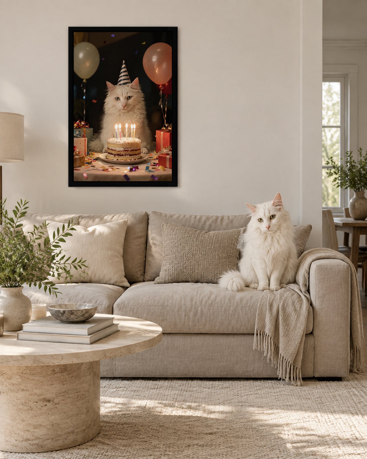 Birthday Star portrait on canvas in a black floating frame in a linen-sofa living room, with the cat beside it