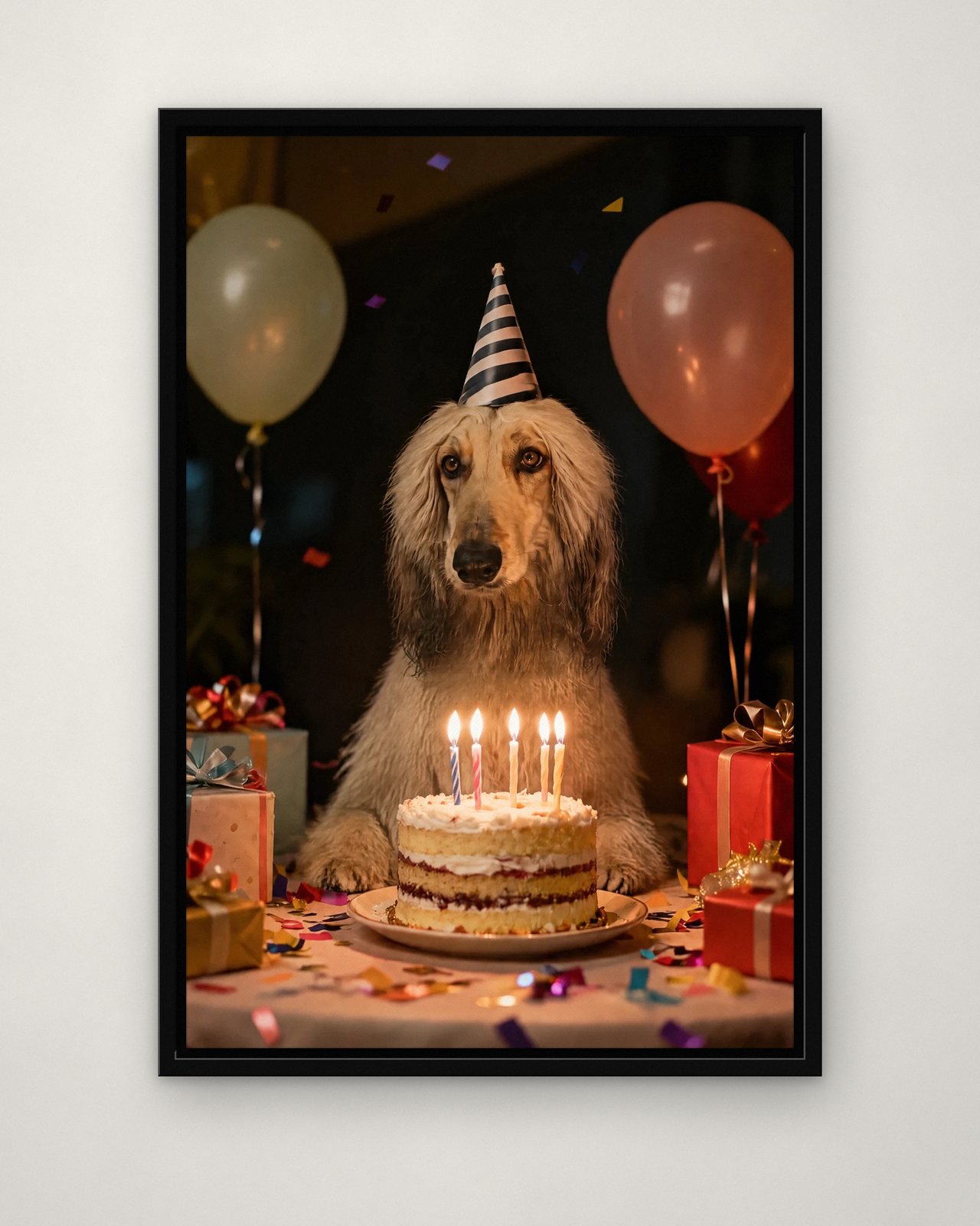 Birthday Star portrait on canvas in a black floating frame on a plain wall