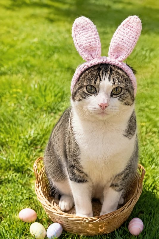 The Spring Bunny Ears look made with a tabby-and-white cat