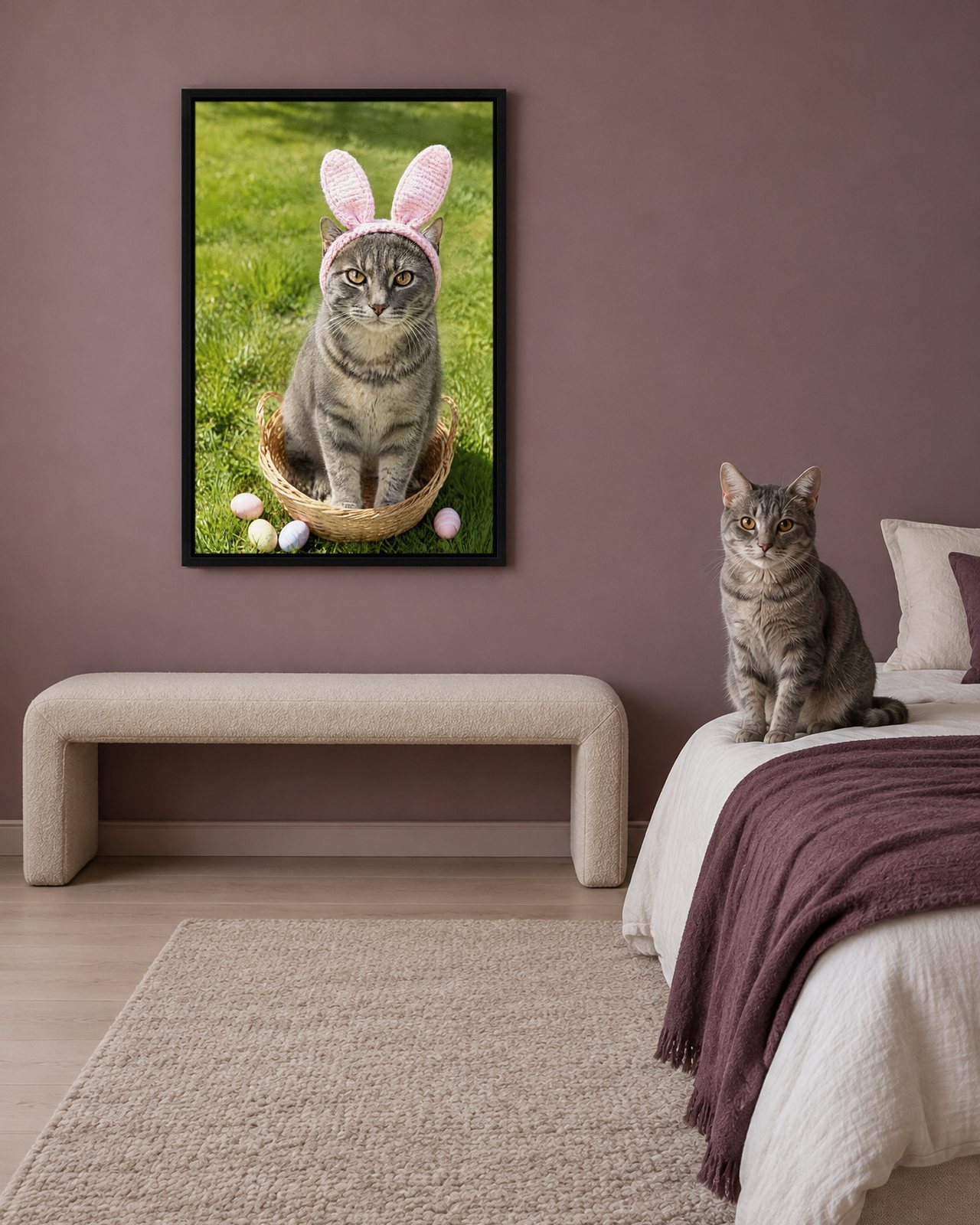 Spring Bunny Ears portrait on canvas in a black floating frame in a mauve bedroom with a low bench, with the cat beside it