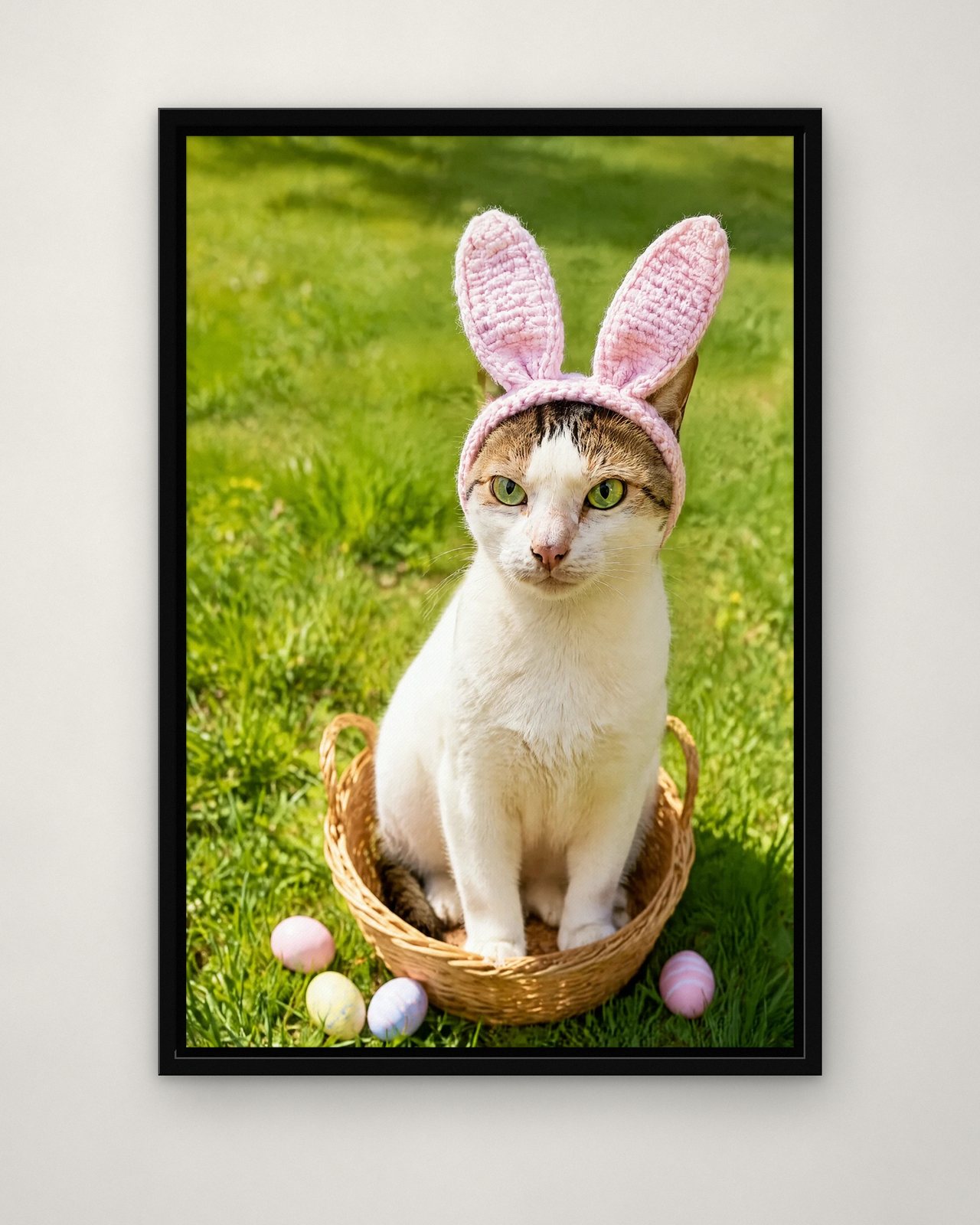 Spring Bunny Ears portrait on canvas in a black floating frame on a plain wall