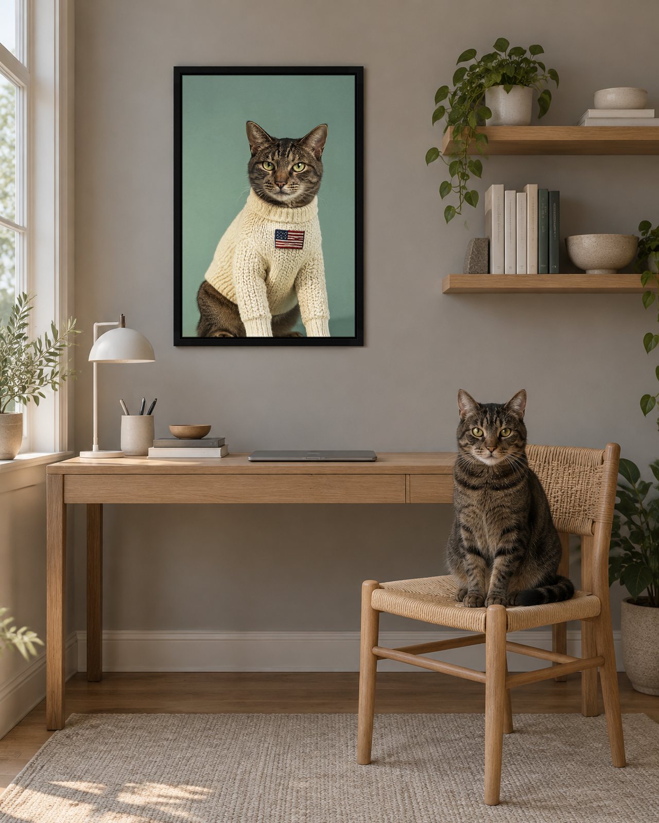 Fourth of July Knit portrait on canvas in a black floating frame in a dove-grey study with open shelves, with the cat beside it