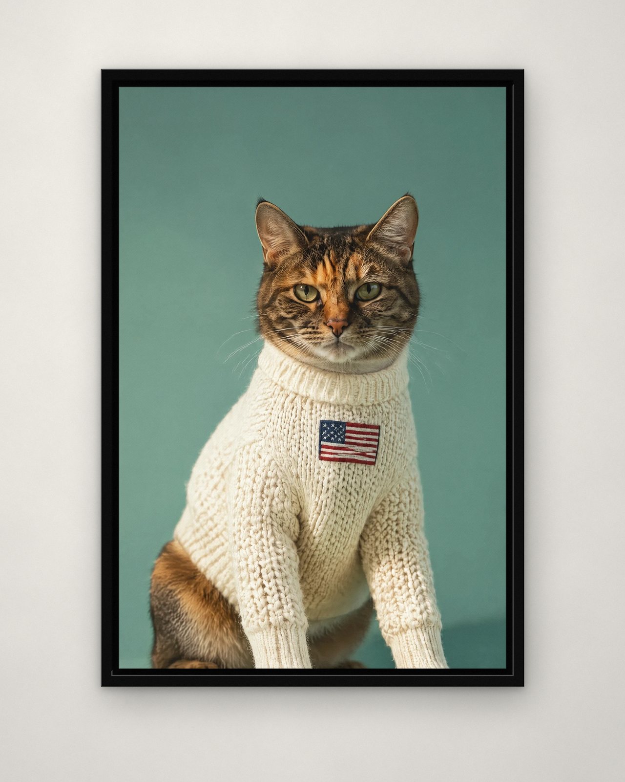 Fourth of July Knit portrait on canvas in a black floating frame on a plain wall